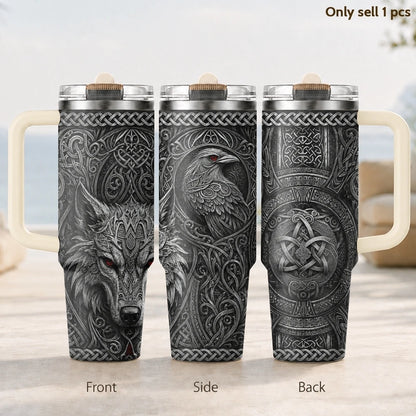 Norse Wolf Raven Celtic Prints Vacuum Flasks 40oz 3rd Gen Vacuum Insulated Stainless Steel Tumbler Cup With Handle Straw Lid