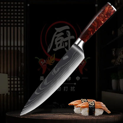 Japanese Santoku Knife 10pcs Damascus Pattern Knives Set Chef's Knife Boning Knife Meat Cleaver Vegetable Slicing Knives