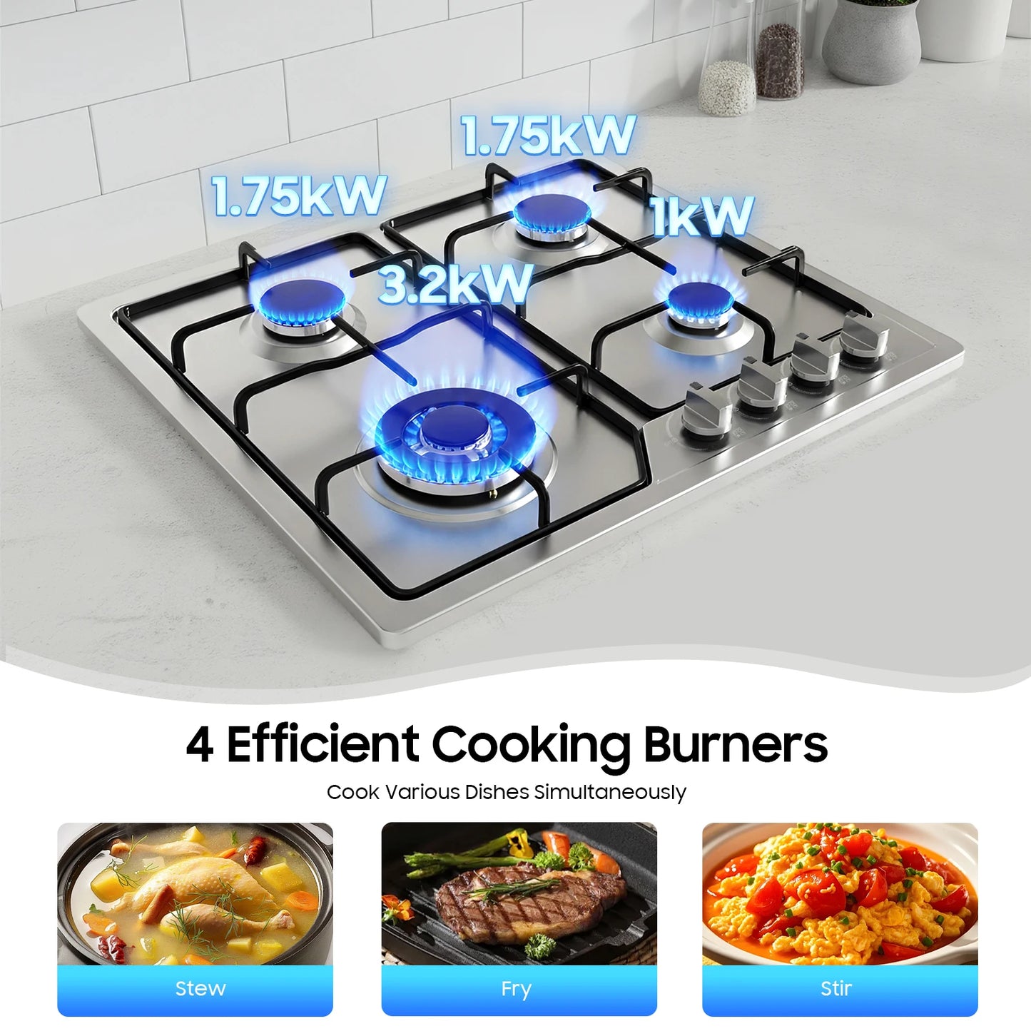 4 Burners Stainless Steel Gas Stove,  22″x20″ Built-In Natural Gas Cooktop  Gas Stove Top with Sealed Burner, Pulsed Ignition, Thermocouple Protection