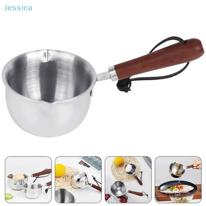 ♥Stainless Steel Oil Sprinkling Small Pot With Wooden Handle Hot Oil Pot Milk Pan Kitchen Multifunction Saucepan