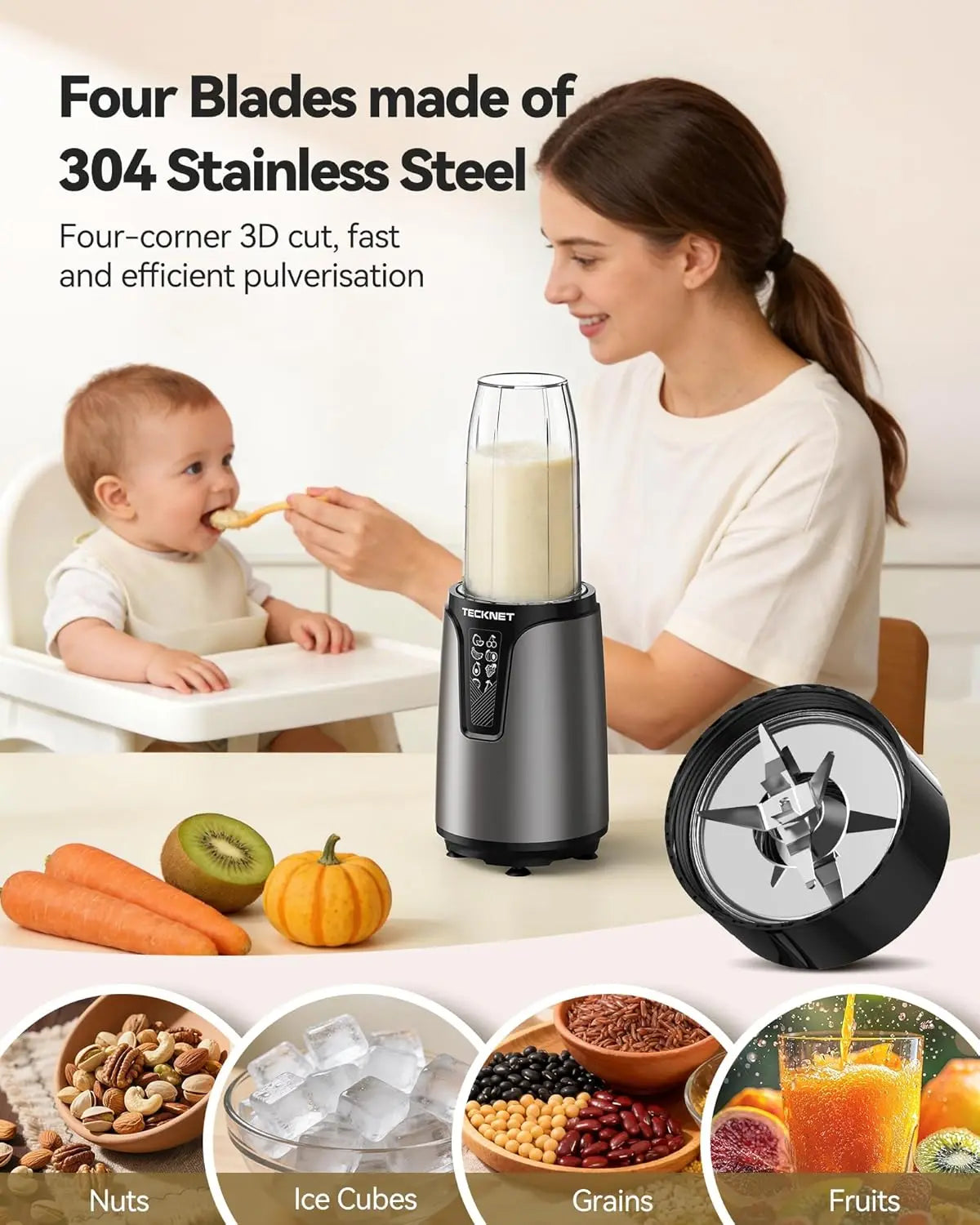 Personal Blender Smoothie Maker, 1000W Powerful 25,000PRM, Blends Frozen Fruit & Ice, 2x600ml