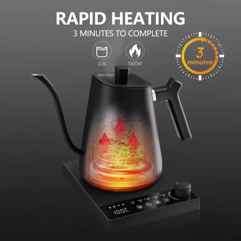 110V 220V 1000W Premium Stainless Steel Ultra-Fast Hot Water Boiler 40-100℃ 600ML Electric Gooseneck Pour Over Coffee Kettle