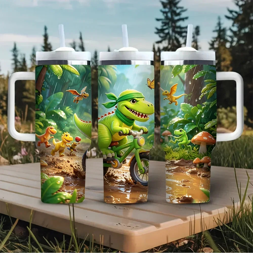 40oz Tumbler with Handle, Cute Cartoon Dinosaur Jungle Riding Print, Suitable for All Ages, Perfect for All Seasons, Great for Outdoor Activities And Fits Both Hot And Cold Drinks