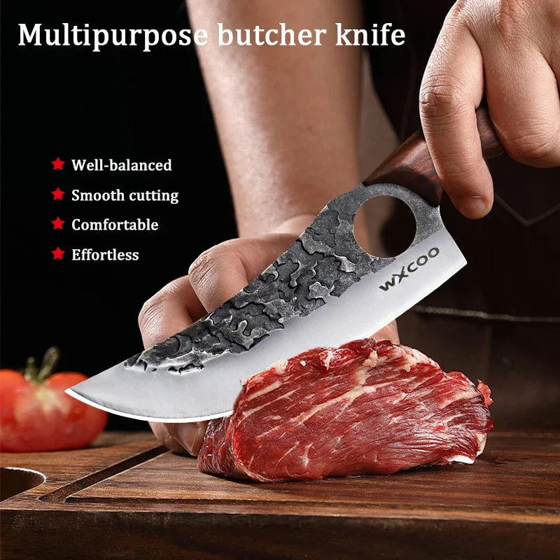 WXCOO Multifunctional Hand Forged Butcher Knife Kitchen Knife Durable Blade for BBQ Meat Cutting Boning Knife Wooden Handle