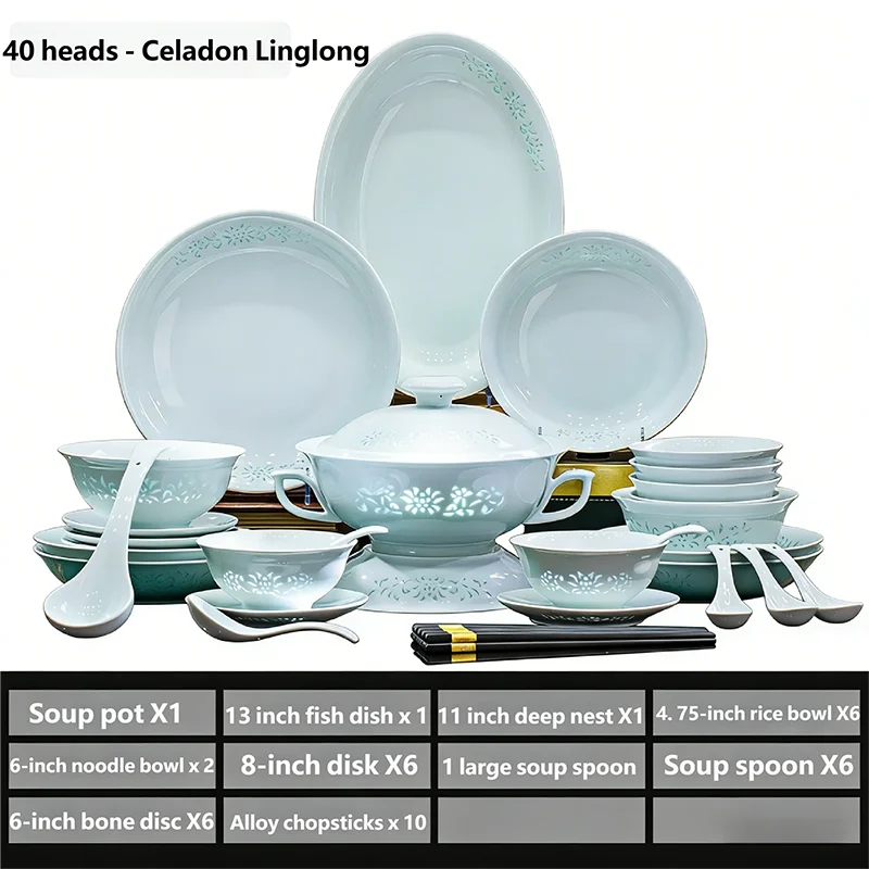 Celadon Dinnerware Set 22/40/70pcs Linglong Ceramics Dish Sets Full Set Luxury China Tableware Set For 4/6/10 Persons Dinner Set