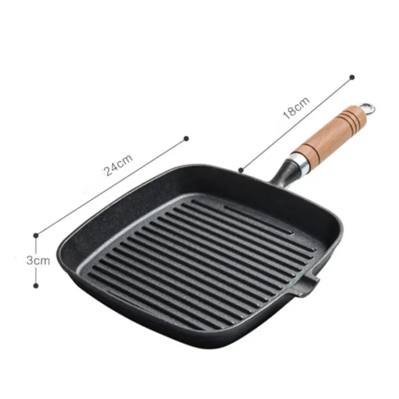 22cm 24cm Thickened Cast Iron Steak Frying Pan Non-coated Non-stick Household Stripes Frying Steak Special Pan