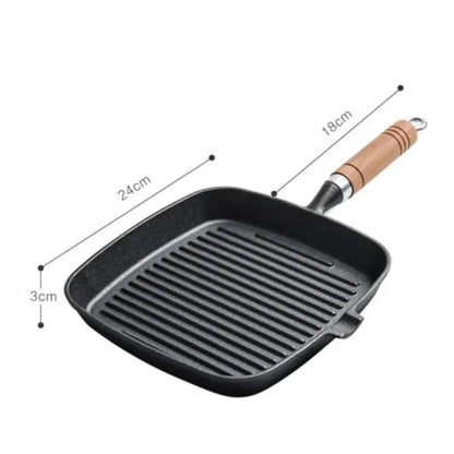 22cm 24cm Thickened Cast Iron Steak Frying Pan Non-coated Non-stick Household Stripes Frying Steak Special Pan