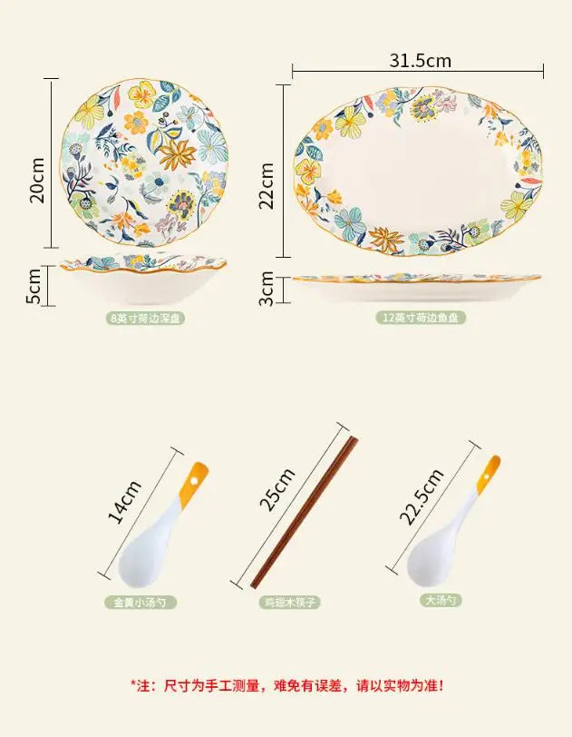 LingAo-Japanese Country Style Ceramic Tableware Set of Plates and Bowls with Underglaze Colors