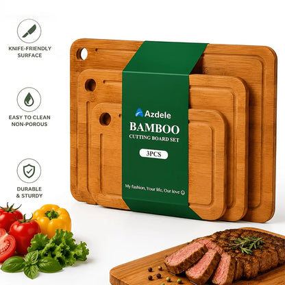 Tool And Gadget Sets - Bamboo Cutting Boards for The Kitchen - Three-Piece Wooden Cutting Boards with Juice Slot, Side Handles And Non-Slip Pads - Suitable for Meat, Vegetables And Fruits - Ideal Kitchen Gift - Suitable for V