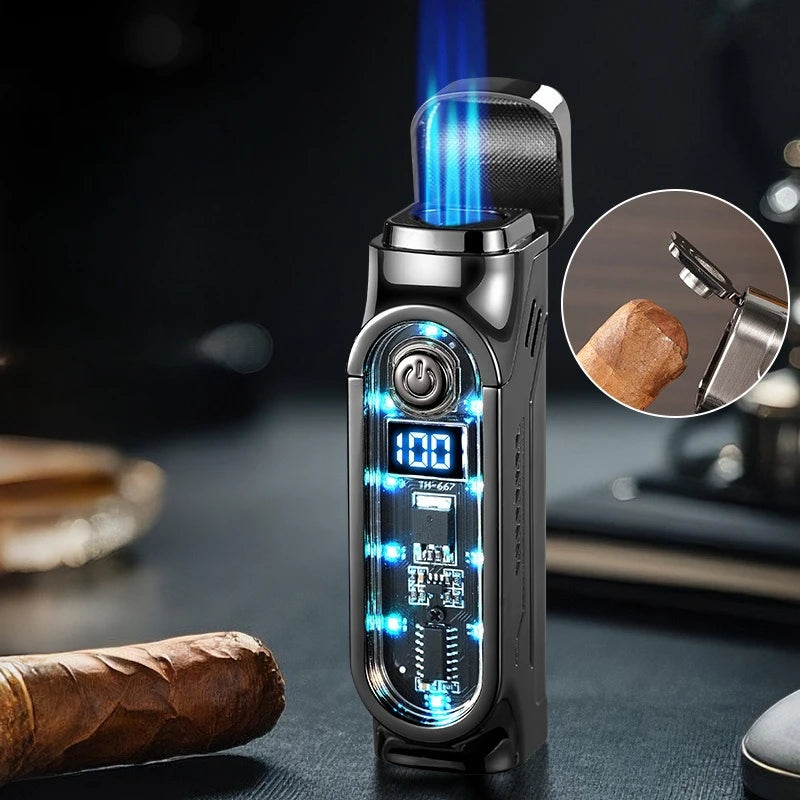 Smart 3 Flame Gas Cigar Lighter, Digital Display, with Cigar Drill, LED Light, Portable Multi-functional Ignition Lighter