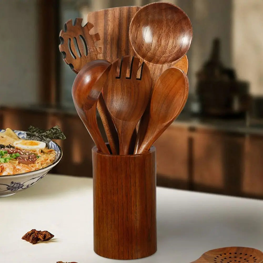 4-8pcs Wooden Cooking Spoon with Storage Bucket Durable Kitchen Utensils Set Natural Material Unbreakable Kitchen Shovel Set