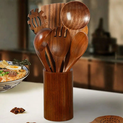 4-8pcs Wooden Cooking Spoon with Storage Bucket Durable Kitchen Utensils Set Natural Material Unbreakable Kitchen Shovel Set