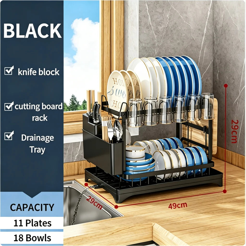 2 Tier Dish Drying Rack Kitchen Bowl Drainer Storage Rack Tableware Drain Chopsticks Knife Fork Water Cup Storage Holder 2 Tier