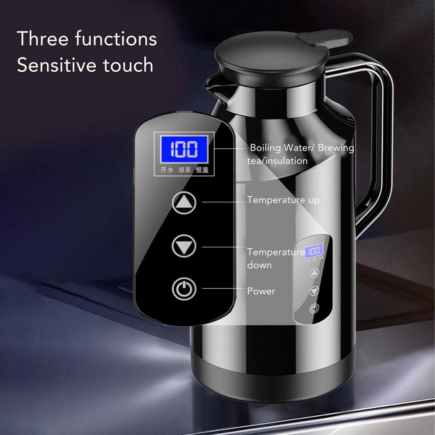1500ML Car Hot Kettle Portable Water Heater Auto 12V 24V for Tea Coffee Stainless Steel Display with Cigarette Lighter Plug