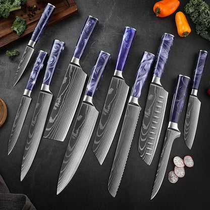 Damascus Pattern Knives Set Stainless Steel Chef Knife Japanese Santoku Knife Boning Knife Meat Cleaver Household Bread Knives