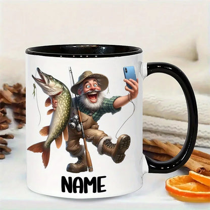 1PC 11oz Custom Ceramic Mug, Custom Name & Text, Fishing Pattern, Perfect Gift for Fishing Lovers
