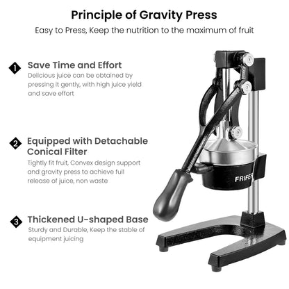 Lightweight stainless steel manual citrus juicer, commercial hand-operated fruit juicer, non-electric portable juicer, suitable for oranges, lemons, pomegranates and other fruits, ideal for home kitchens, bars and restaurants