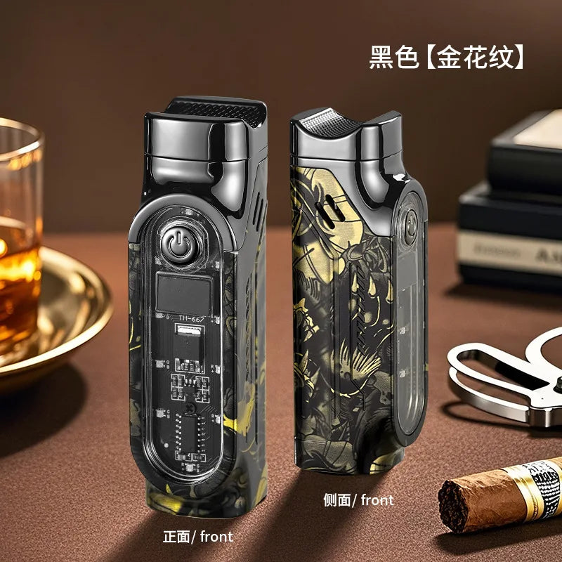 Smart 3 Flame Gas Cigar Lighter, Digital Display, with Cigar Drill, LED Light, Portable Multi-functional Ignition Lighter