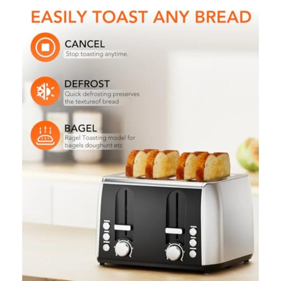4 Slice Retro Stainless Steel Toaster with Extra Wide Slots 6 Shade Settings Toast Boost Cancel Button Perfect for Waffles Bage