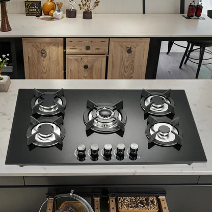 Built-In 5-Burner Multi-Head Gas Stove Tempered Glass Panel LPG/Natural Gas Battery Hotel Home Use Electronic Ignition