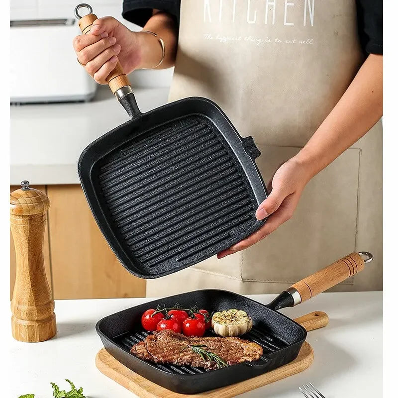 22cm 24cm Thickened Cast Iron Steak Frying Pan Non-coated Non-stick Household Stripes Frying Steak Special Pan