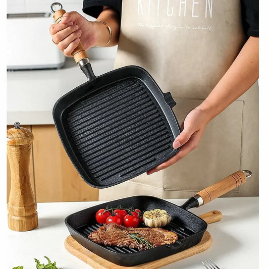 22cm 24cm Thickened Cast Iron Steak Frying Pan Non-coated Non-stick Household Stripes Frying Steak Special Pan