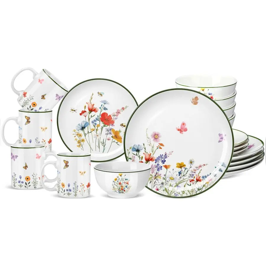 16 Pcs Wildflower Ceramic Dinnerware Set for 4 Guest Floral Dish Set Spring Butterfly Dinner Plates Salad Plates Bowl Mug Kitche