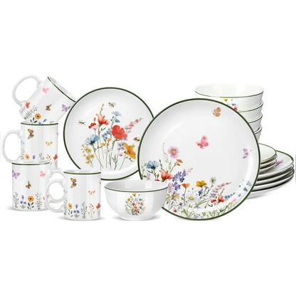 16 Pcs Wildflower Ceramic Dinnerware Set for 4 Guest Floral Dish Set Spring Butterfly Dinner Plates Salad Plates Bowl Mug Kitche