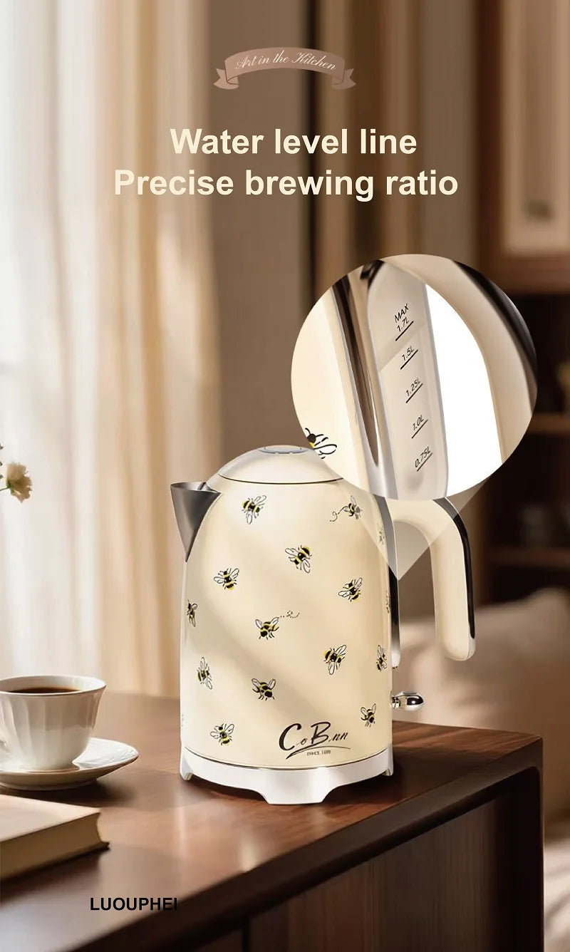 2200W Retro Print Electric Kettle Home 304 Stainless Steel Quick Boiling Kettle Auto Power Off Teapot Kitchen Tools 1.7L