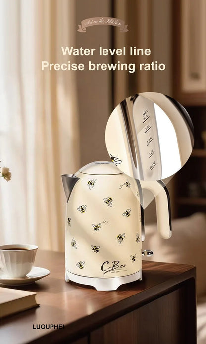 2200W Retro Print Electric Kettle Home 304 Stainless Steel Quick Boiling Kettle Auto Power Off Teapot Kitchen Tools 1.7L