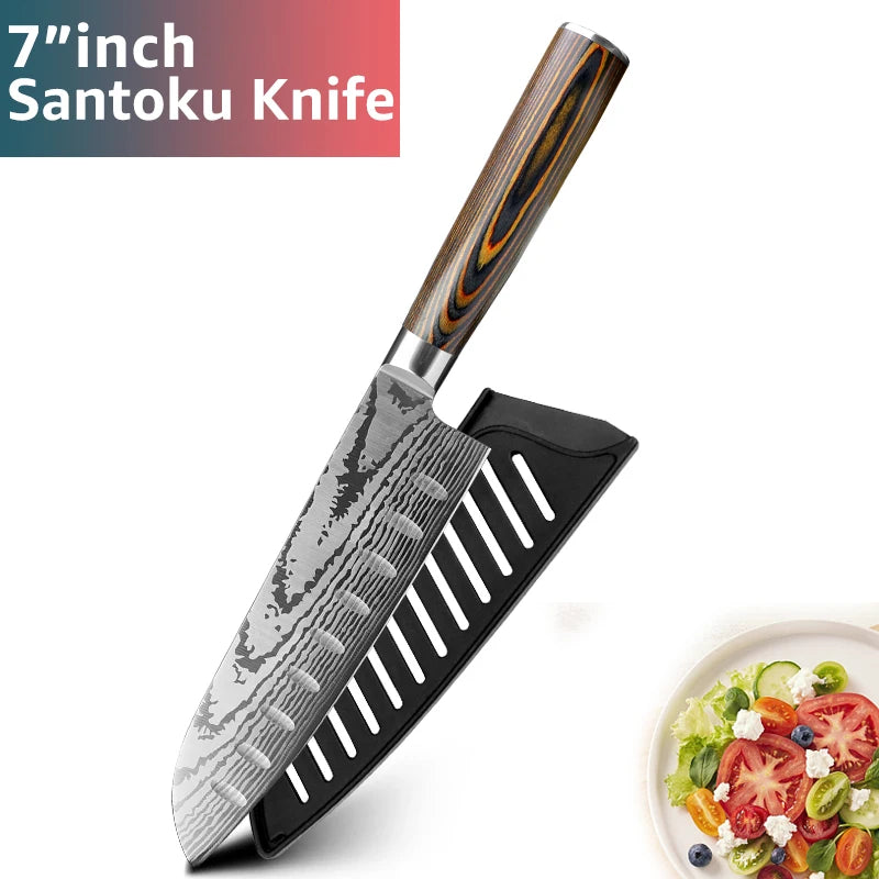 Kitchen Knife Set Professional Chef Knife 7CR17 Germany Stainless Steel Damascus Laser Meat Cleaver Slicing Santoku Cutter Tools