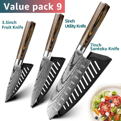 Kitchen Knife Set Professional Chef Knife 7CR17 Germany Stainless Steel Damascus Laser Meat Cleaver Slicing Santoku Cutter Tools