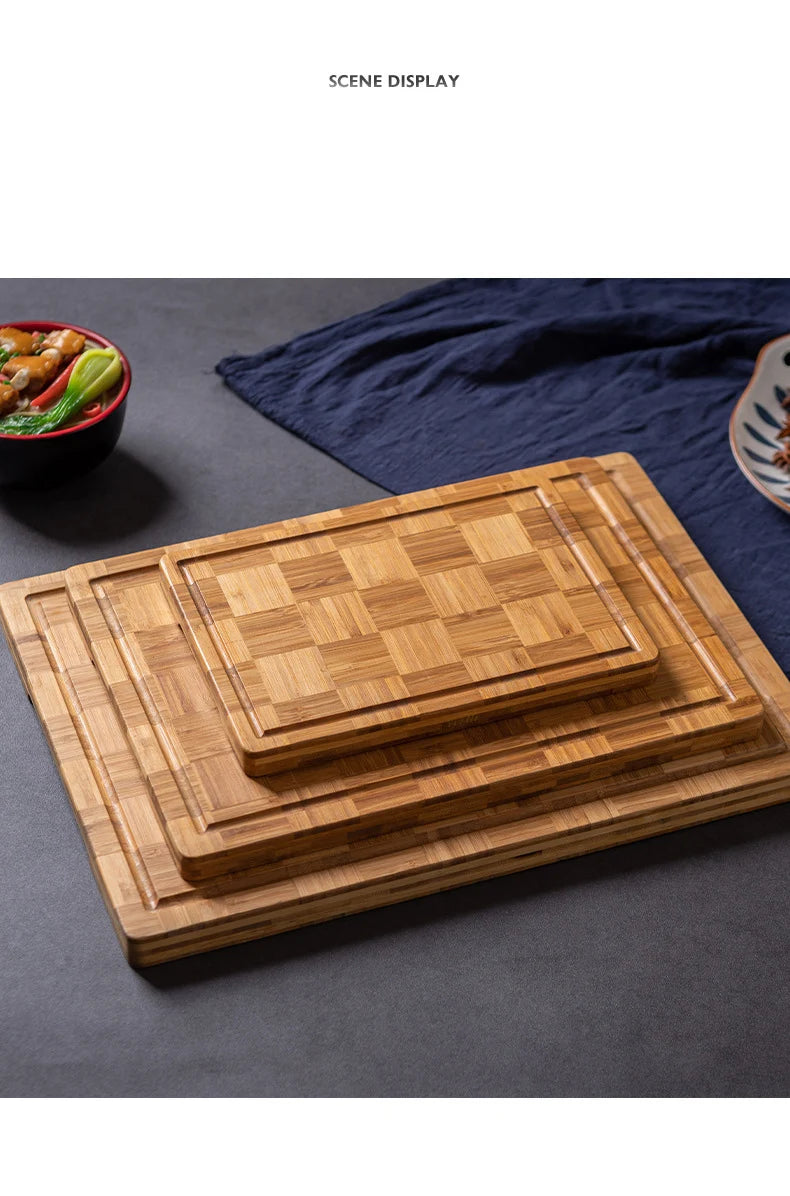 Checkerboard Moso Bamboo Cutting Board, Bamboo Chopping Board with Juice Groove & Hanging Carry Hole, Portable Fruit Vegetable