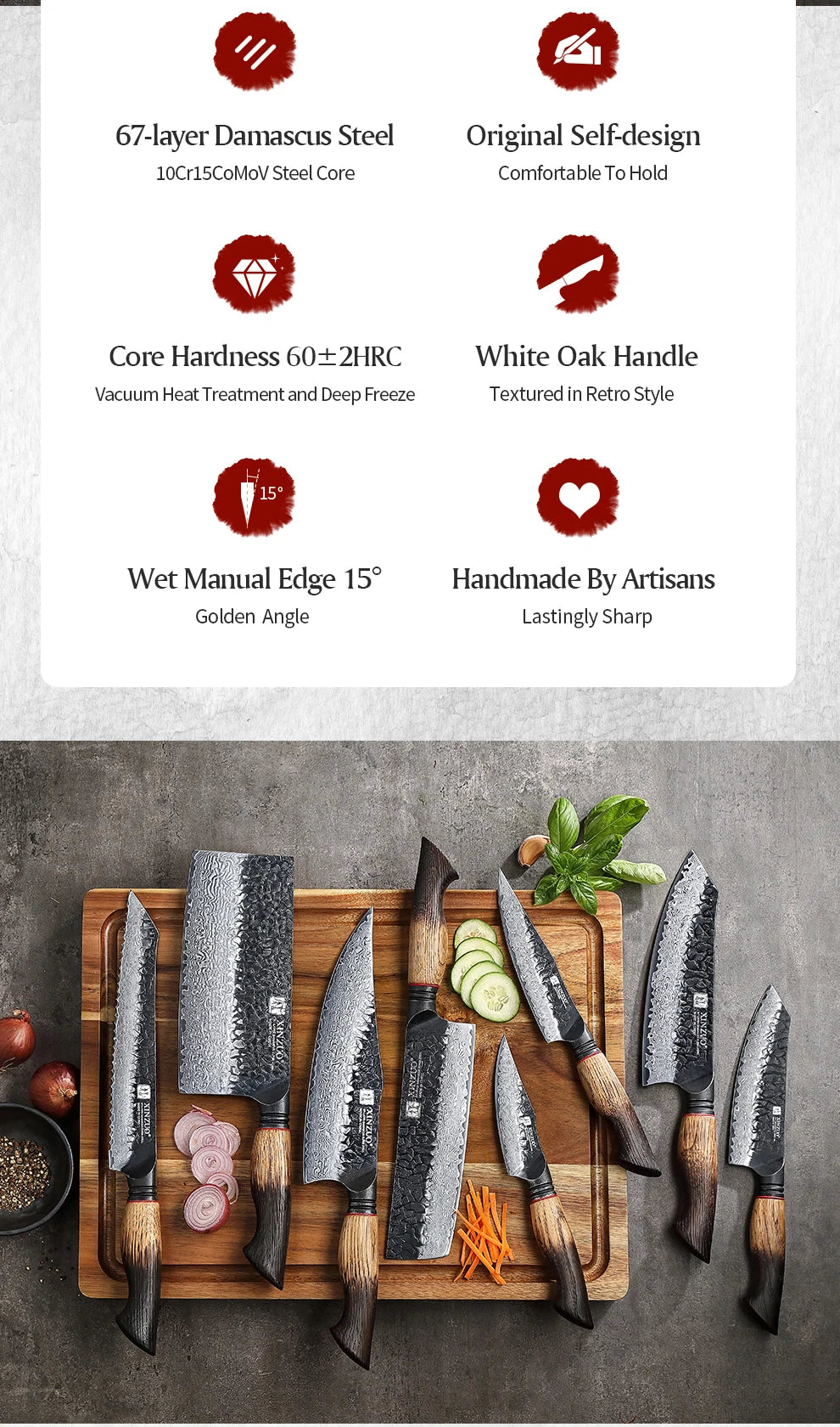 XINZUO Eight-piece Kitchen Knife Set 67 Layers Damascus Super Steel Hardness 60±2HRC Ideal For Home Kitchen Vegetable Prep