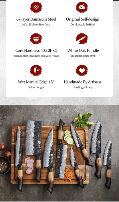 XINZUO Eight-piece Kitchen Knife Set 67 Layers Damascus Super Steel Hardness 60±2HRC Ideal For Home Kitchen Vegetable Prep