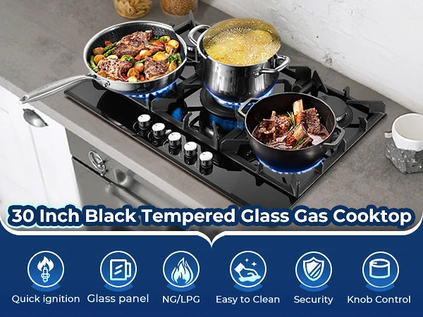 30 Inch 5 Burners Stove Top Built-in NG/LPG Convertible with Thermocouple Protection Gas Cooktop