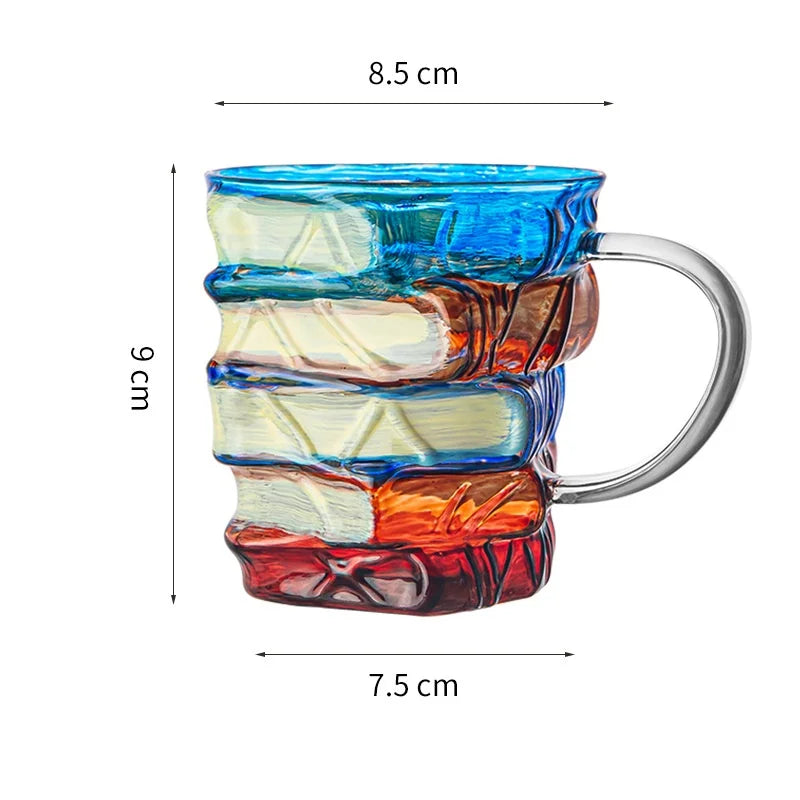JUSTINLAU Irregular Painted Book Mug Coffee Cup High Borosilicate Glass Drinking Cup with Handle Book Cup Beer Mug Breakfast Cup