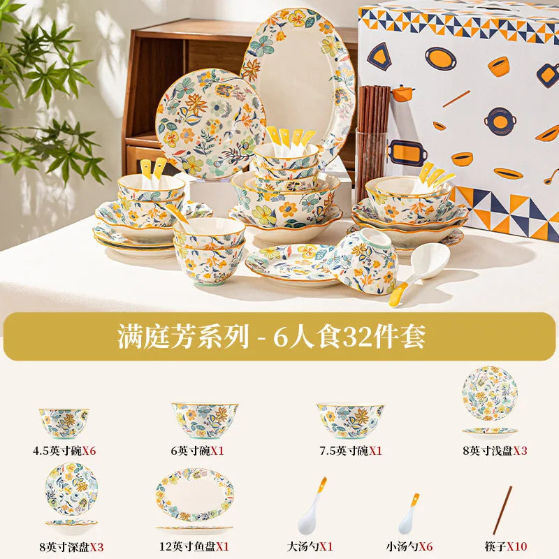 LingAo-Japanese Country Style Ceramic Tableware Set of Plates and Bowls with Underglaze Colors