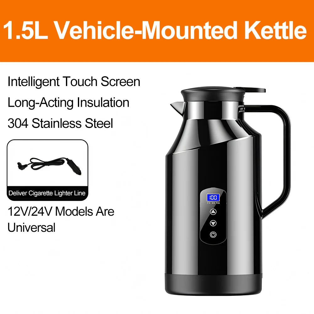 Portable Car Hot Kettle 1.5L Large Capacity 304 Stainless Steel Portable Water Heater Auto Travel 12V 24V For Coffee Tea