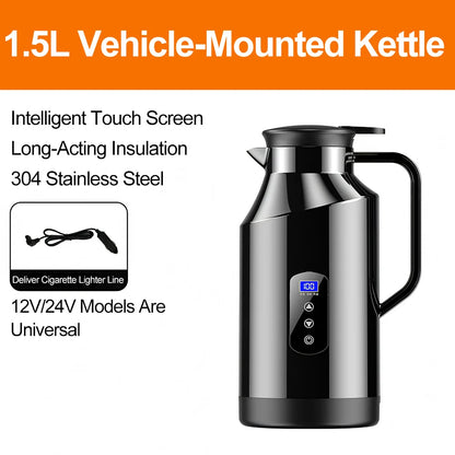 Portable Car Hot Kettle 1.5L Large Capacity 304 Stainless Steel Portable Water Heater Auto Travel 12V 24V For Coffee Tea