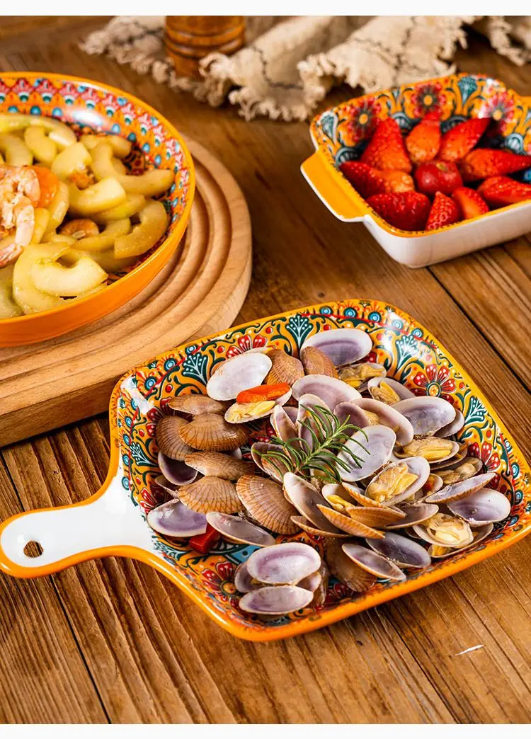 Bohemia Ceramic Rice Bowl Serving Plate Creative Ceramic Cutlery Soup Noodle Bowl Household Handle Bowl Sauce Dish