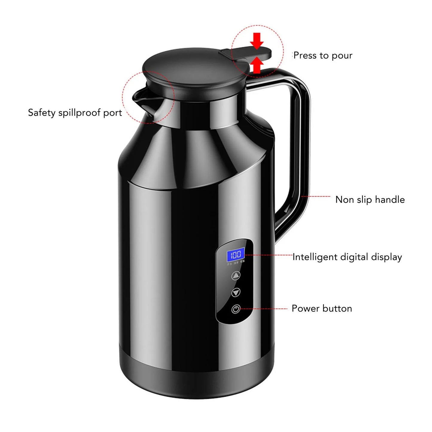 1500ML Car Hot Kettle Portable Water Heater Auto 12V 24V for Tea Coffee Stainless Steel Display with Cigarette Lighter Plug