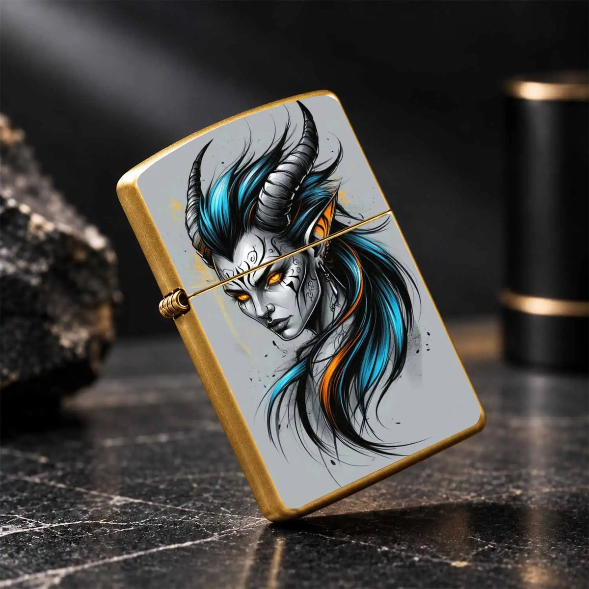 Stylish Tiefling Character Portable Igniter, Bold Cyan Orange Contrast Dark Fantasy Themed Accessory, Fits All Daily Scenarios, Ideal Unique Present For Friends And Hobbyists, Combines Decor Display And Practical Usage A Humo