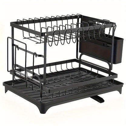 Large-Capacity Double-Layer Kitchen Storage Rack with Drainage, Lockable Metal Tableware Stand for Bowls, Kitchen Organizers