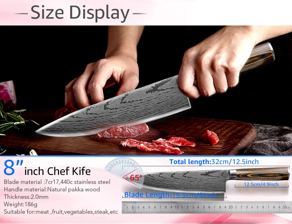 Kitchen Knife Set Professional Chef Knife 7CR17 Germany Stainless Steel Damascus Laser Meat Cleaver Slicing Santoku Cutter Tools