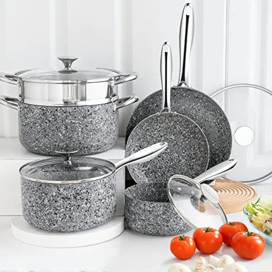 Stone Cookware Set 10 Piece Ultra Nonstick Pots and Pans with Stone-Derived Coating for Kitchen Use Granite Finish Black and Si