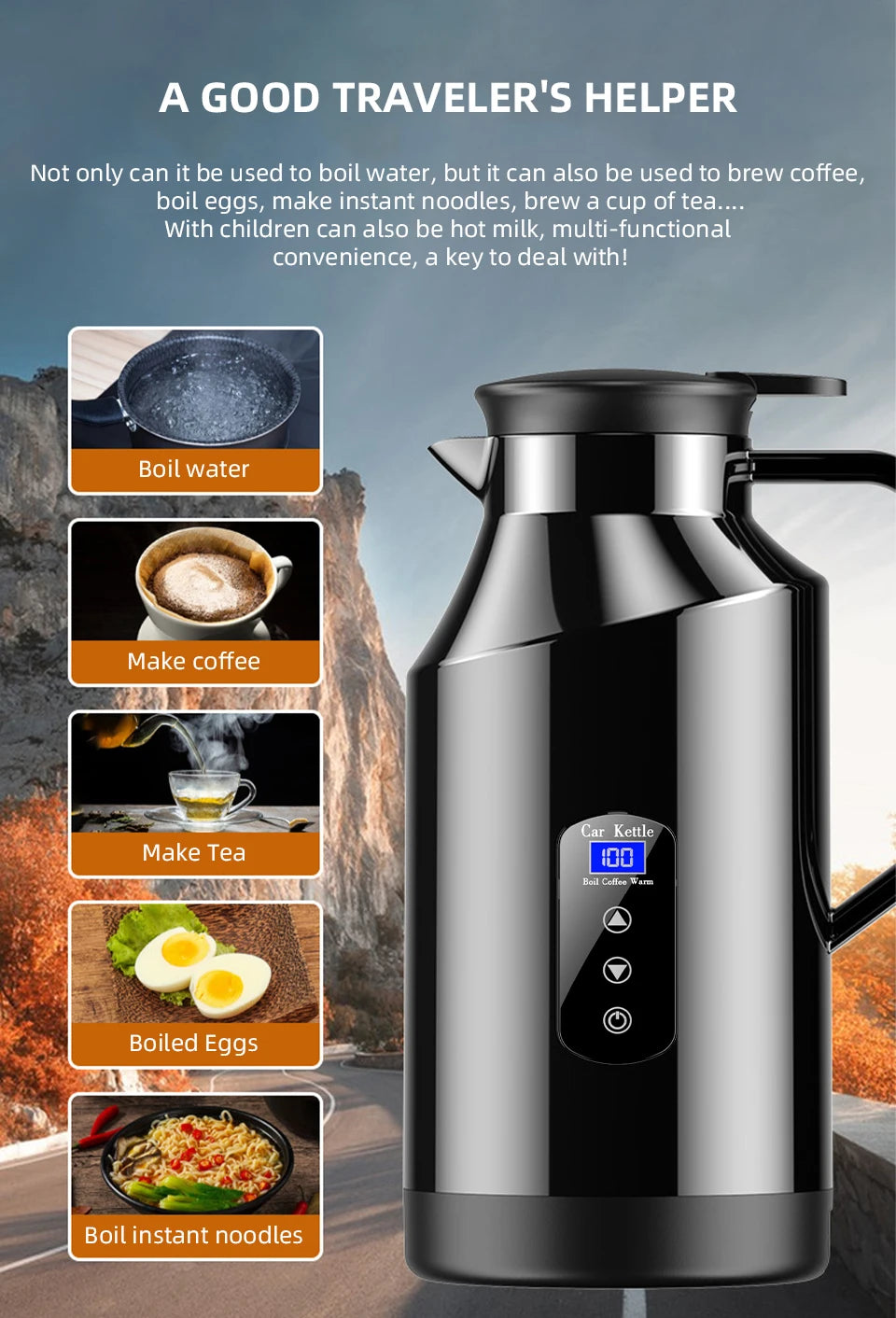 12V 24V Portable Car Hot Kettle 1200mL/1500mL Large Capacity 304 Stainless Steel Thermos Water Bottle Travel For Tea Coffee