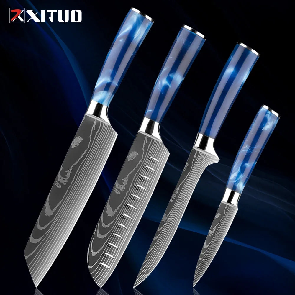 Stainless Steel Chef Knife Kitchen Knife Set 1-8Piece Razor-Sharp Paring Knife, Boning Knife, Santoku Knife, Blue Resin Handle