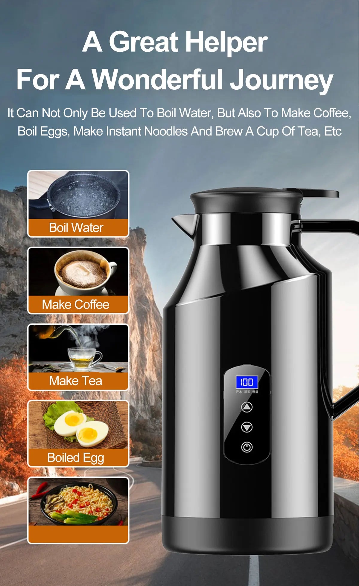 Portable Car Hot Kettle 1.5L Large Capacity 304 Stainless Steel Portable Water Heater Auto Travel 12V 24V For Coffee Tea