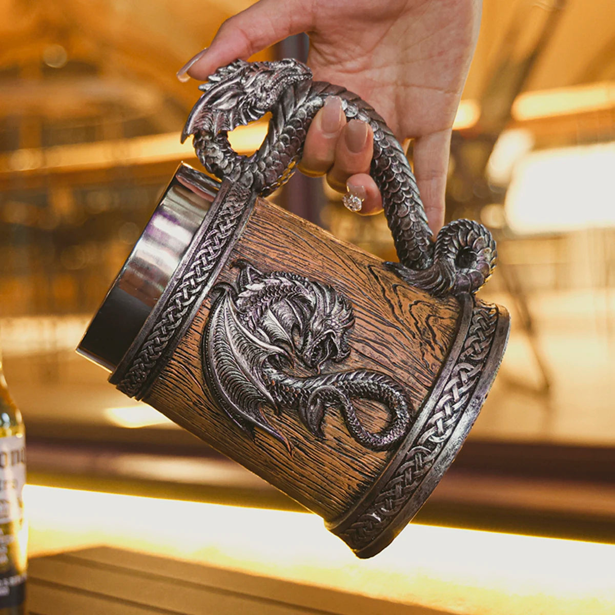 2024 New Medieval Large Dragon Barrel Beer Stein Tankard Coffee Cup Mug Resin Stainless Steel Insert Tankard for Halloween Gift
